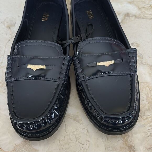 NWT Zara Classic Penny Loafers Blue Patent Faux Leather - Picture 7 of 10